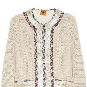TORY BURCH Donovan Embellish Crochet linen Jacket Sweater Cardigan Sz Small $595